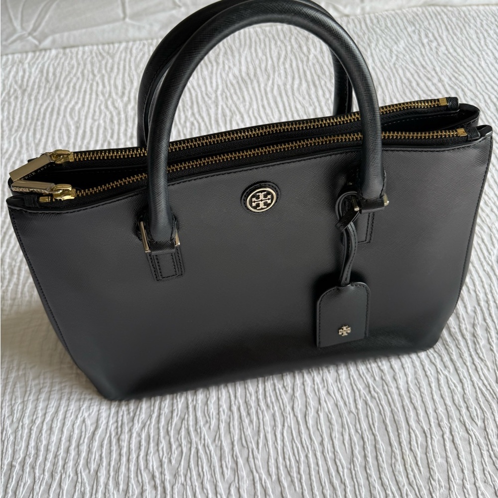 Authentic Tory Burch Black Leather Tote with Gold Logo - Picture 3 of 11